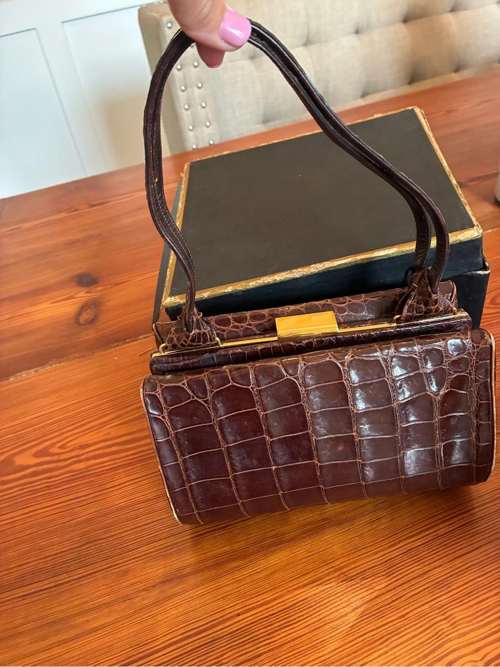 Croc-Embossed Dark Brown Leather Handbag